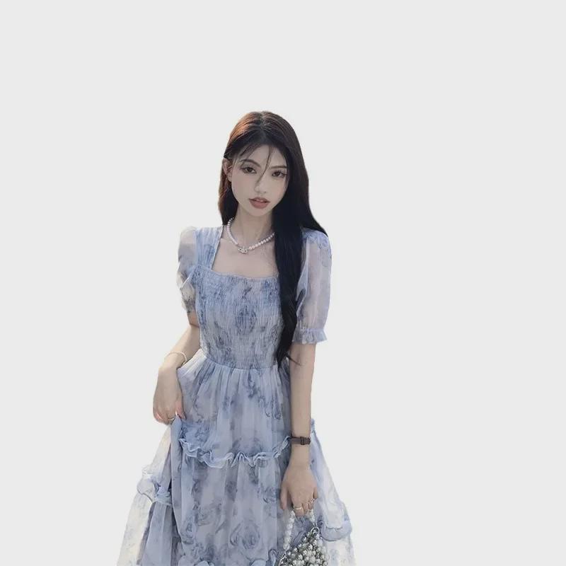 Summer Retro Floral Square Collar Dress in Milky Blue