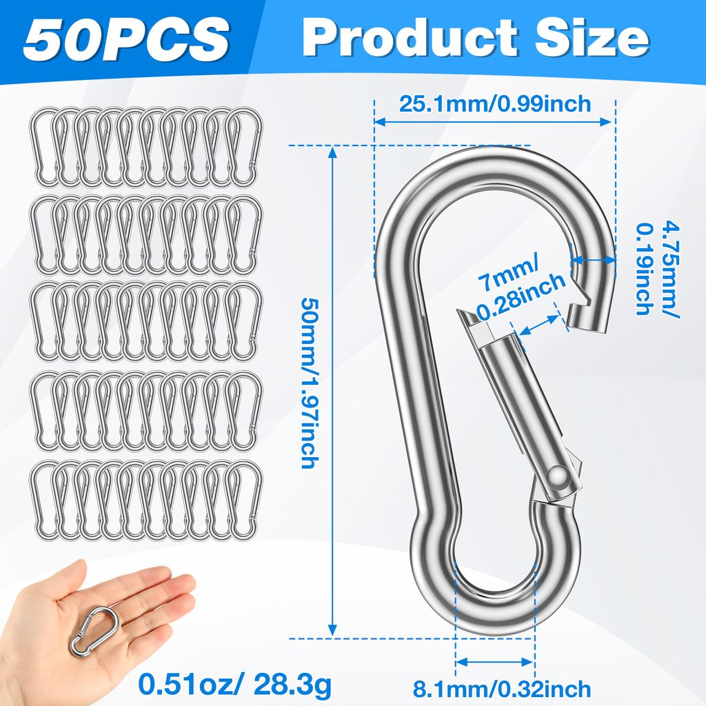50Pcs Carabiner Clip Mini Metal Carabiner Clip 304 Stainless Steel Spring Snap Carabiner M5 Quick Link Lock Ring Buckle Keychain