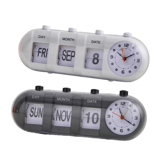 Perpetual Desk Calendar with Clock Vintage Manual Flip Calendar Digital Alarm Clock with Day Month Date Display for Home Office Desk Shelf Decor