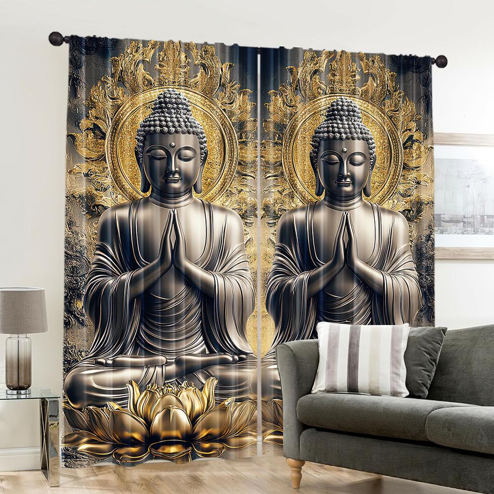 Set Of 2 Flat Printing Party Curtains Two Buddhas Lotus Position Art Polyester Without Electricity Birthday Applies Curtain Made