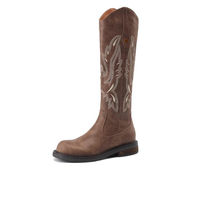 

Вышивка V-образный вырез~ Женские ковбойские сапоги 2025 осень-зима новые задняя молния низкий каблук высокие сапоги ретро рыцарские сапоги 40 темно-коричневого