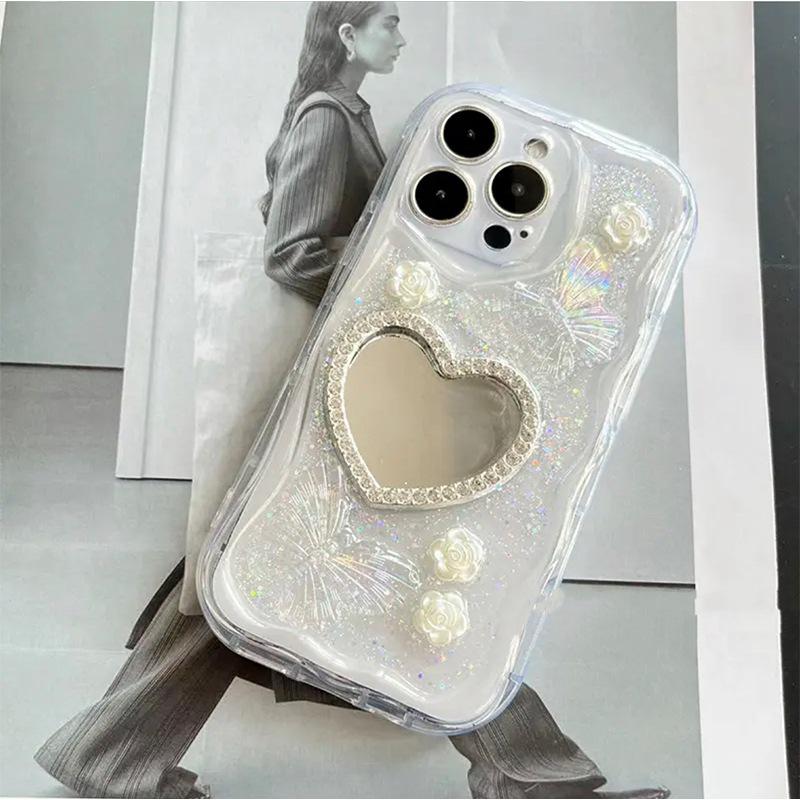 Compatible Epoxy Heart Rhinestone Mirror Case for iPhone 17 Pro Max, 15 Plus, 16 with Butterfly and Flower Design