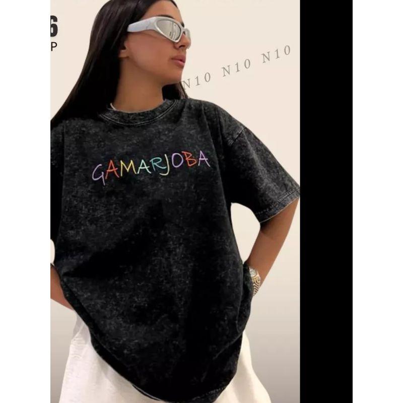 Fashion Style Washed Black Letter Print Cotton T-shirt Loose Letter Printed Cotton T-shirt