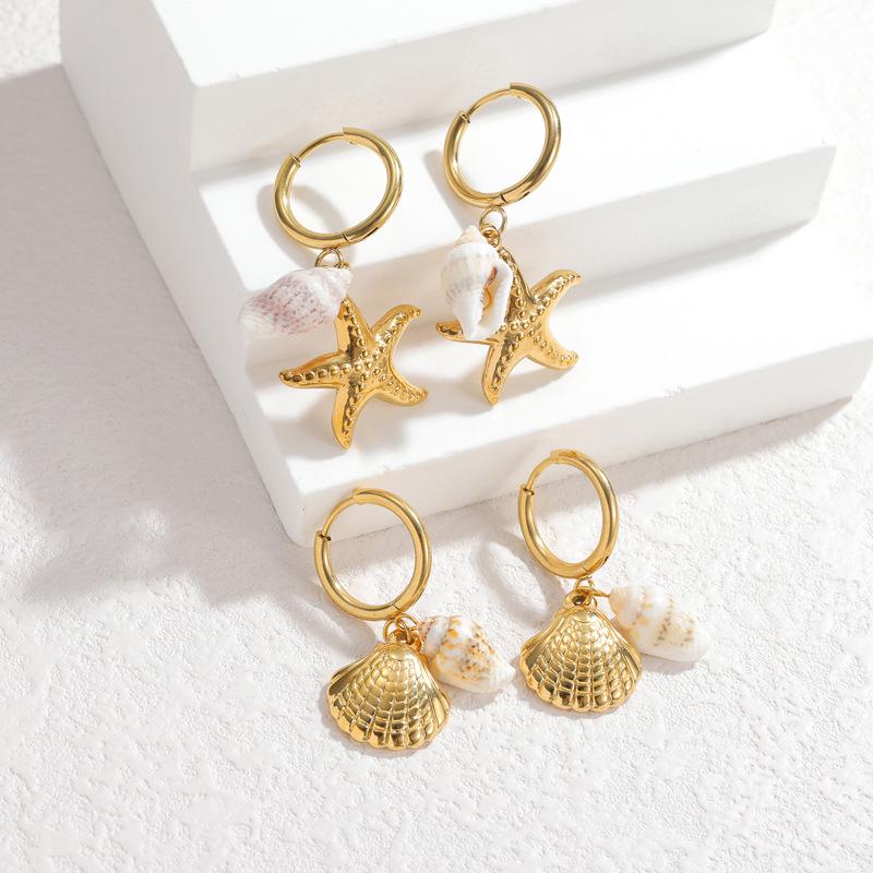 Elegant 18k Gold Titanium Steel Starfish & Seashell Earrings - Luxury Vacation Style