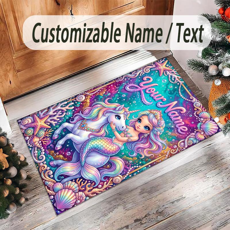 Mermaid Theme Crystal Velvet Floor Rug Personalized Custom Name Text Warm Carpet Home Decoration