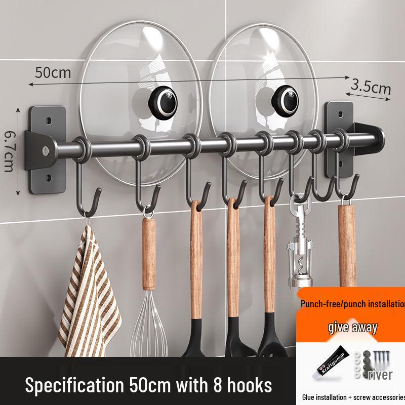Punch-Free Wall-Mounted Kitchen Storage Rack with Hooks for Pots, Turners, and Spoons