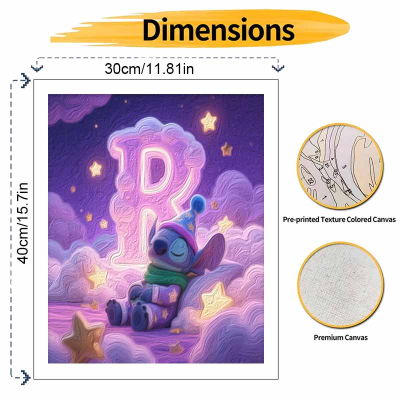 Disney Stitch Letter R oil painting art painting kit, handmade diy art painting home wall decoration cute starry night sleep design