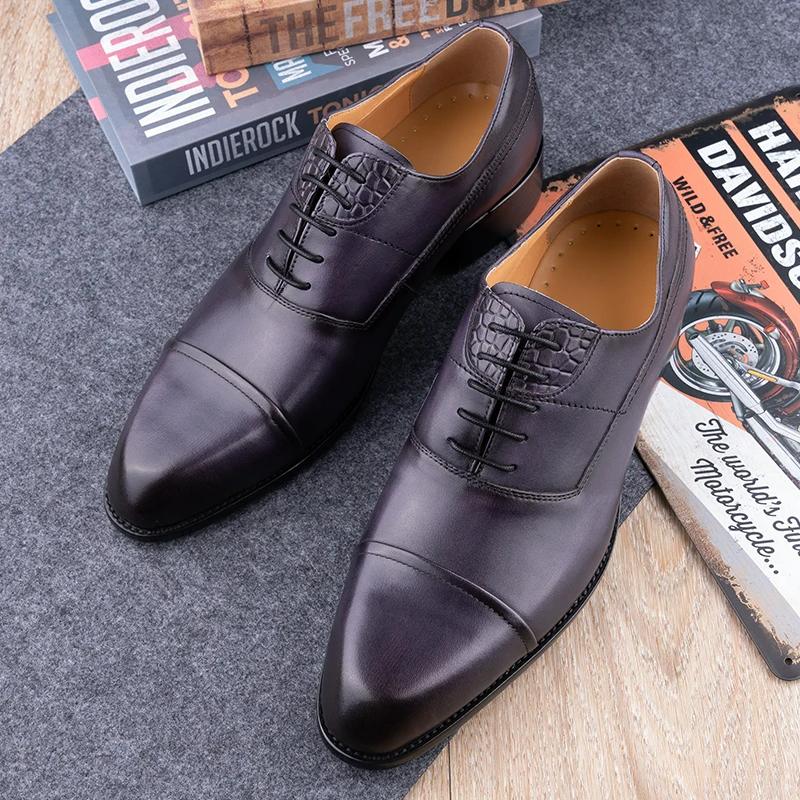 Fashion Men's Dress Shoes Leather Mens Formal Business Office New Style Pure Handmade Oxfords Lace-up Pointed High Quality Classic Shoes