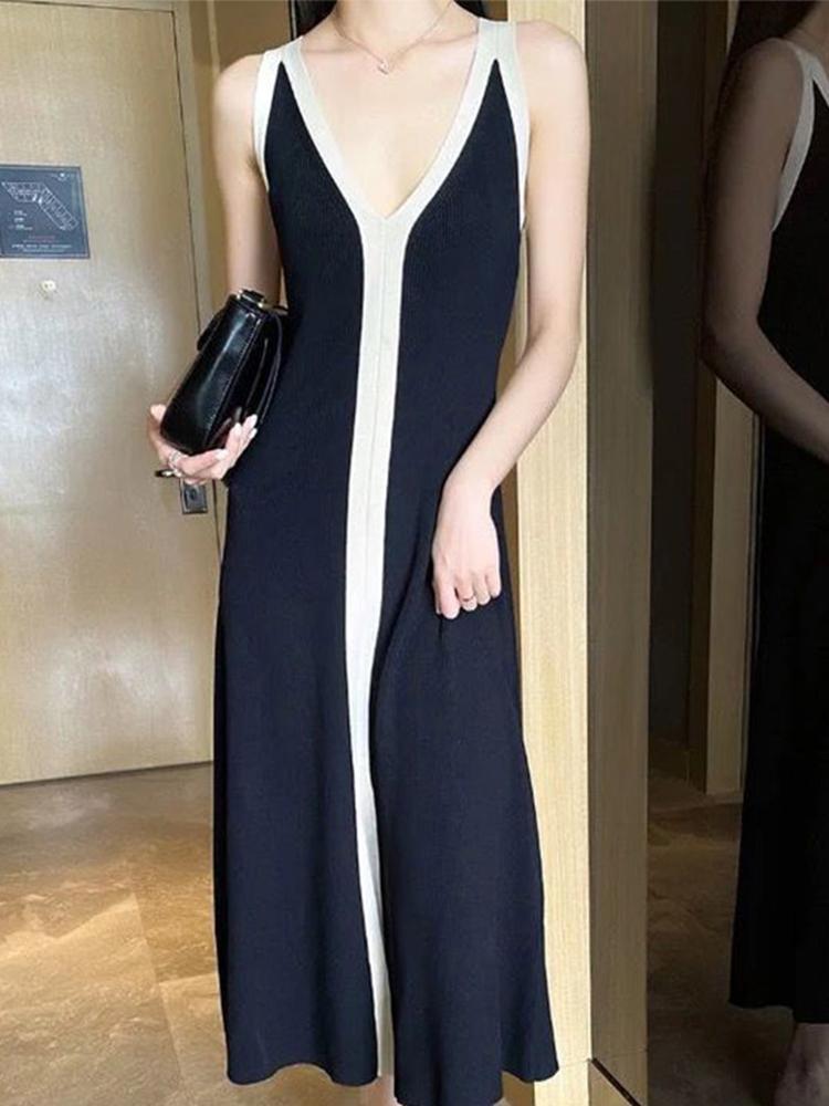 Contrast Spliced Halter Maxi Dress For Women V Neck Backless Front Split Ladies Holiday Robe
