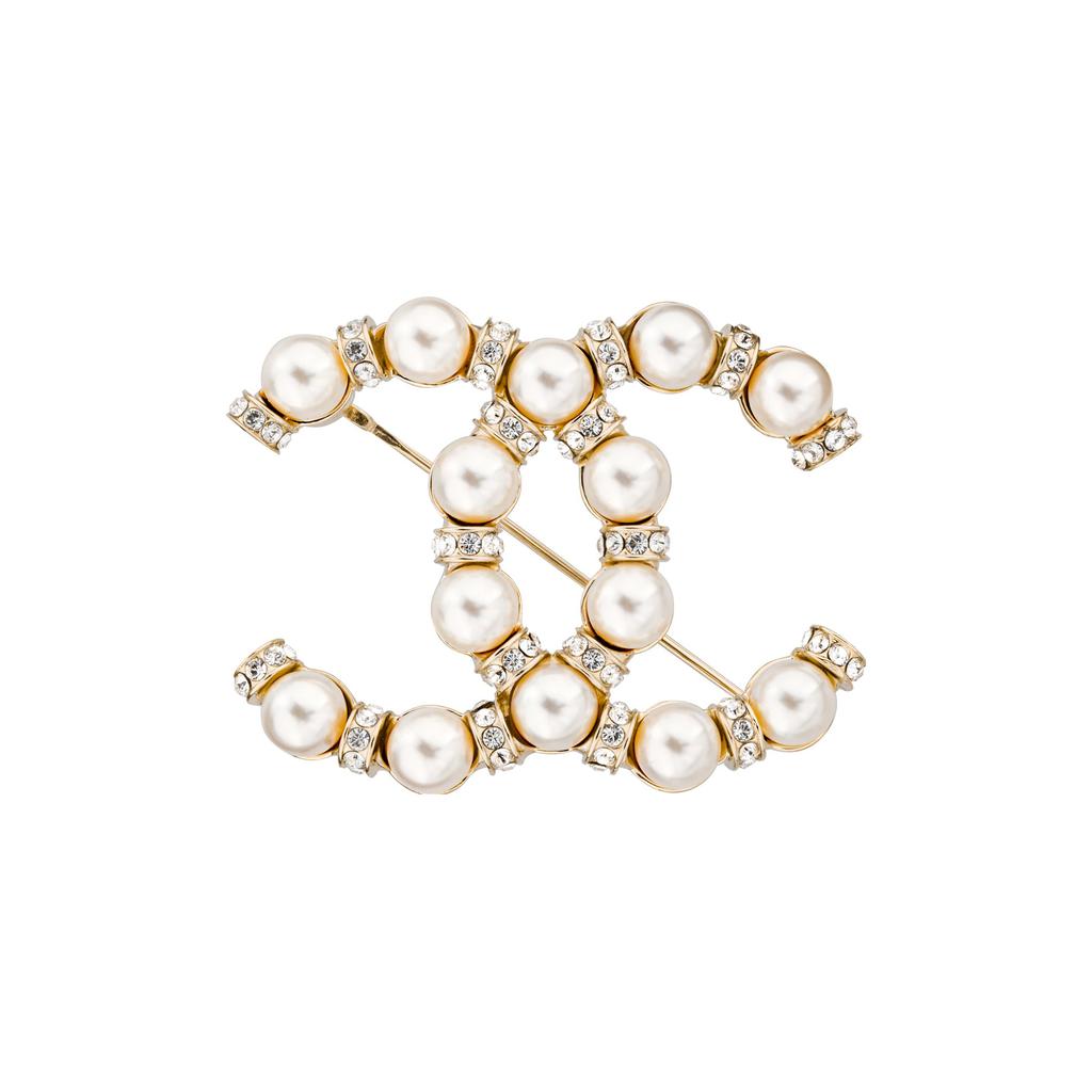 Chanel Classic Double C Pearl Brooch Crystal Women Accessories Gold Pearl-White AB5647-B03409-N7683