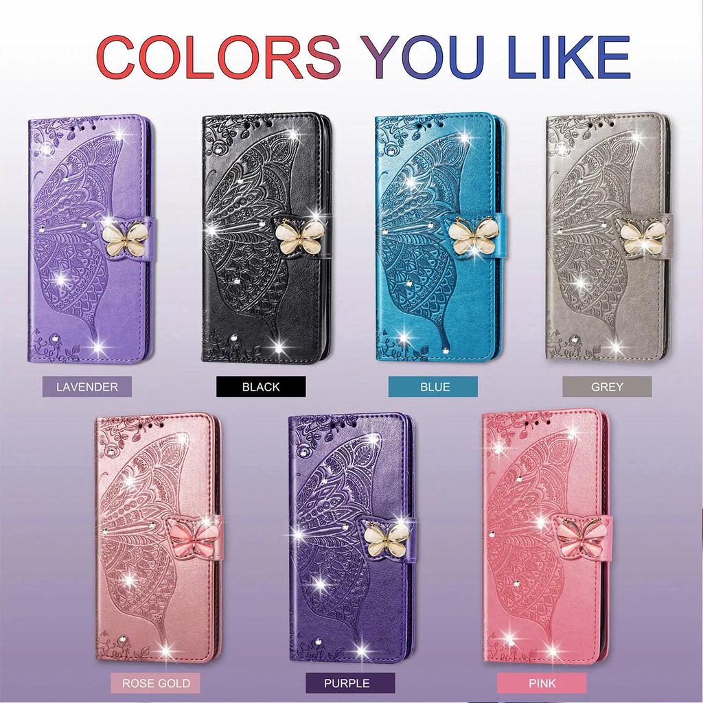 Bling Butterfly Leather Flip Cover For Samsung Galaxy S25 Ultra S24 Plus S23 FE A55 A35 A36 A56 A26 A06 A16 Wallet Glitter Case