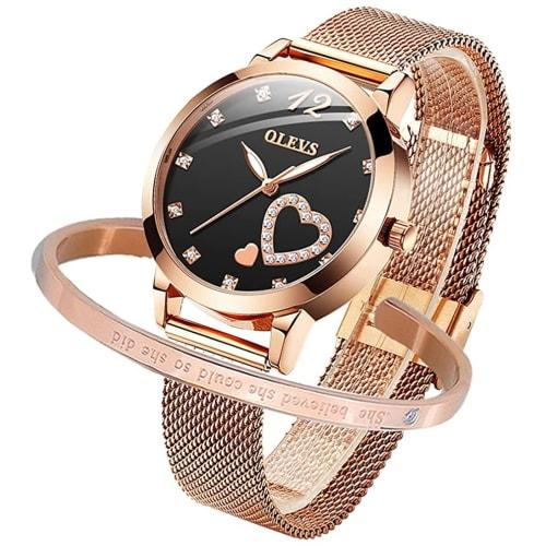

OLEVS Women s Watch Set - Easy-to-Read Bracelet Watch - Premium Stainless Steel - Calendar, 3 ATM Water Resistance, Luminous Gold