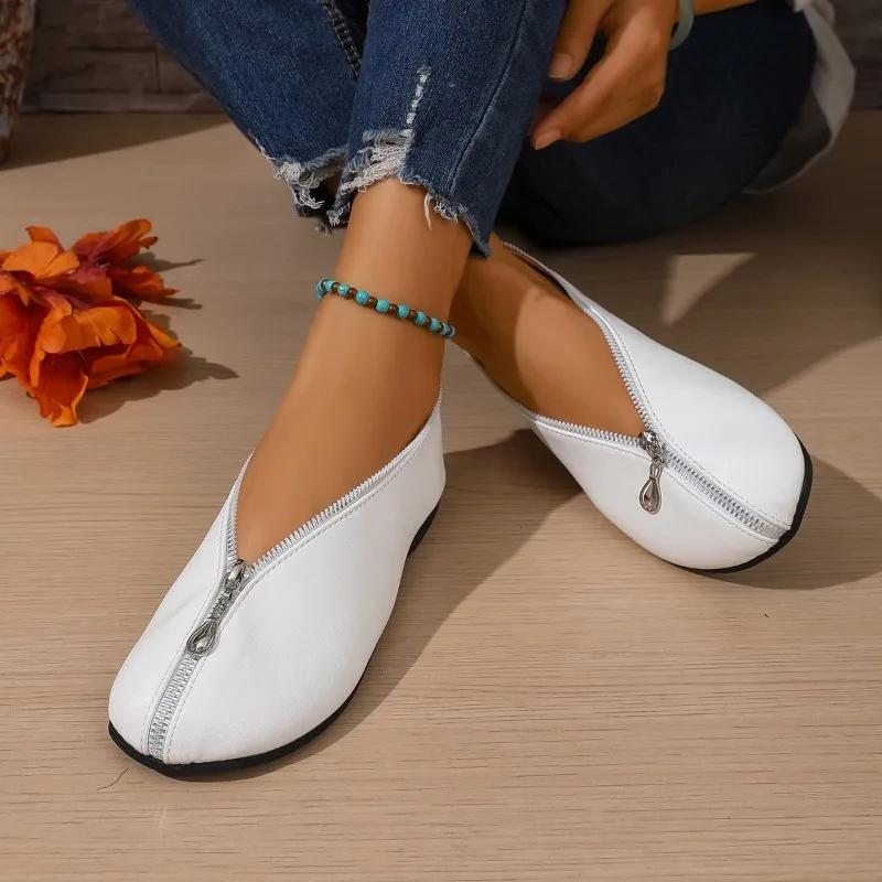 

Plus Size Round Toe Shallow Mouth Lightweight Zipper Soft Sole Single Shoes Fashion Leather Non-Slip Flats 36 белый