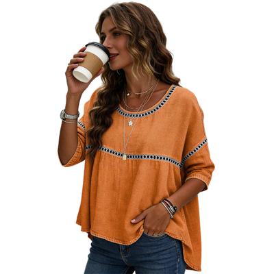 Women Tops Round Neck Half Sleeve Loose Fit Tee Shirt Pure Color Hollow Design