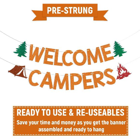 Welcome Campers Banner - Camping Theme Birthday Bachelorette Party Decor, Family Camp Day Party Decor, Forest Adventure Baby Shower Decorations