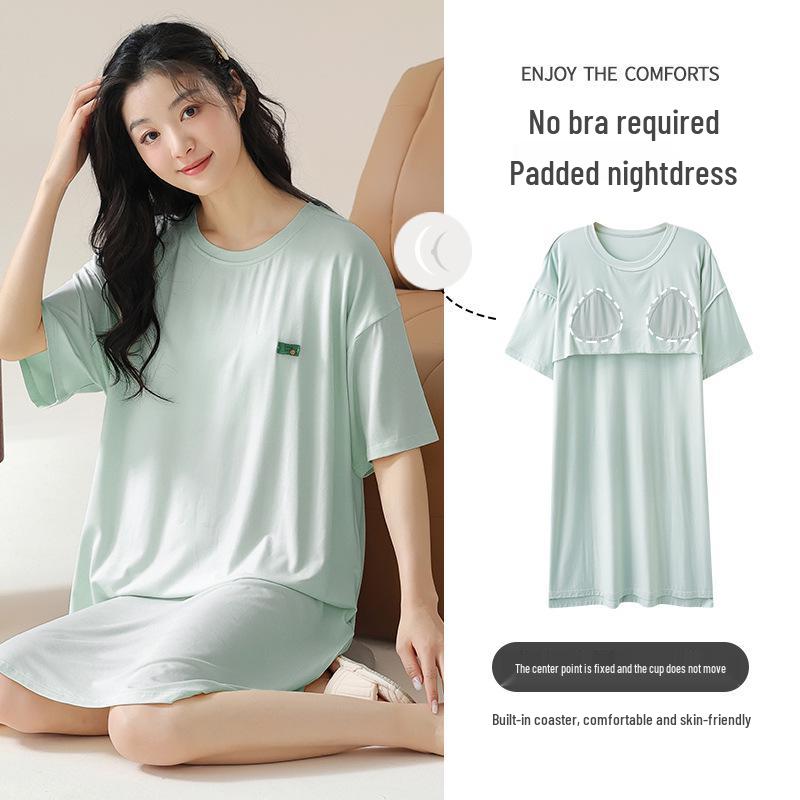 

Women s Summer Ice Silk Short Sleeve Nightdress with Chest Pads L (50-60kg)