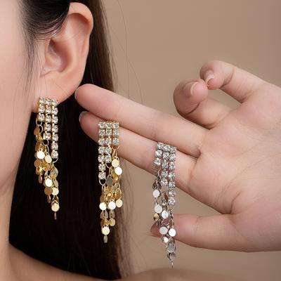Long Tassel With Diamonds, Gold Sequined Stud Earrings, Gold High-End Exaggerated Earrings, Niche Unique Earrings For Women
