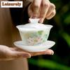 140ml Weißer Jade Porzellan Handbemaltes Gaiwan Antike Tee-Terrine Teeschale mit Deckel Set Teezubereitungsdeckelschale Cha Zubehör Geschenk
