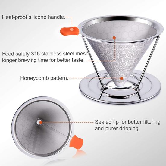 Honeycombed Stainless Steel Coffee Filter Reusable Pour Over Dripper Cone Filter