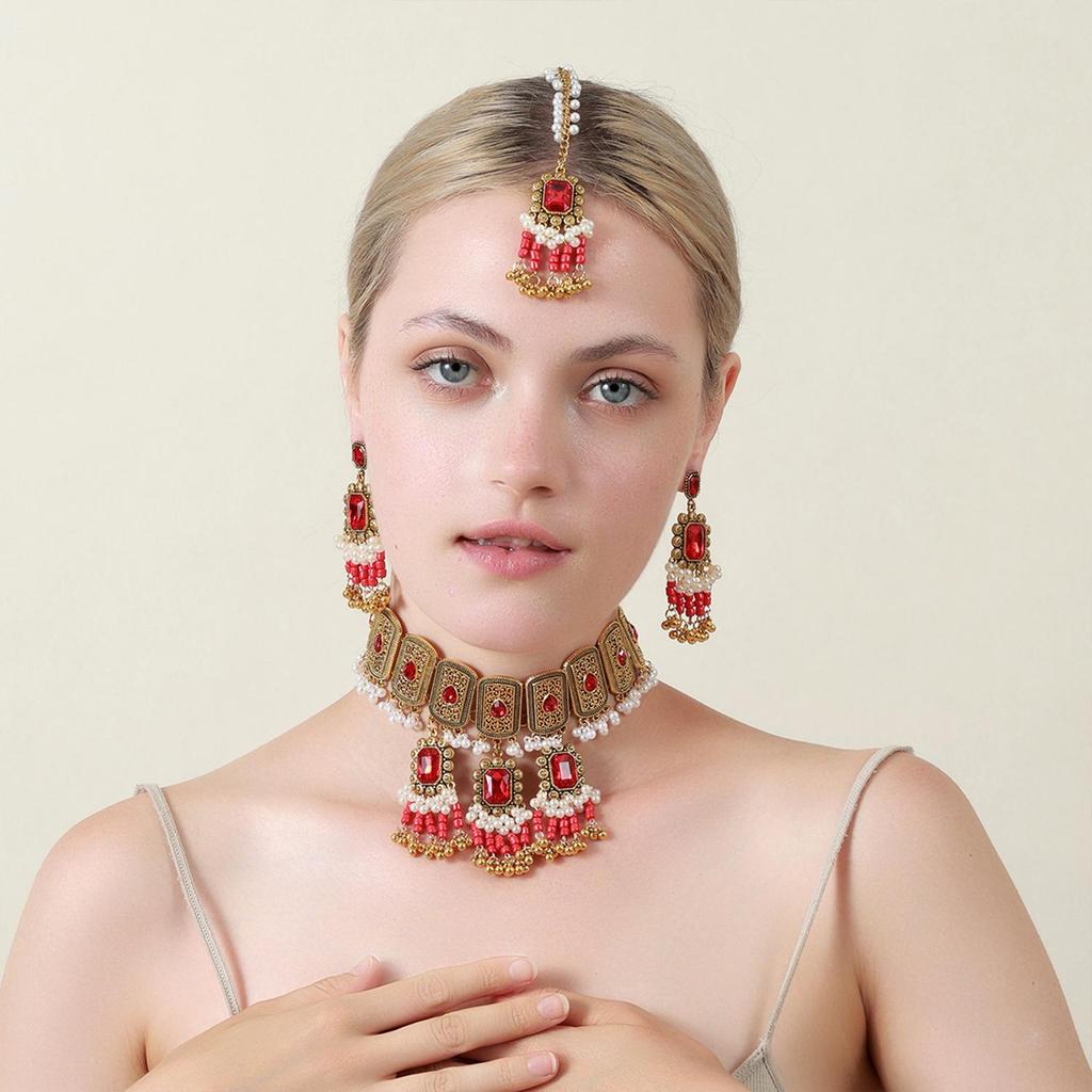 Indian Bridal Jewelry Set Choker Necklace Jhumka Earrings Maang Tikka Vintage Crystal Beads Bohemian Ethnic Women Wedding Costume Accessories