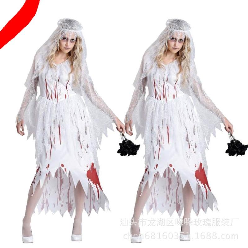 

Зомби Кровавое пятно Игра Хэллоуин Костюм призрака Темный Сексуальный Костюм невесты-вампира Демон Зомби Адский призрак one size fits all белый