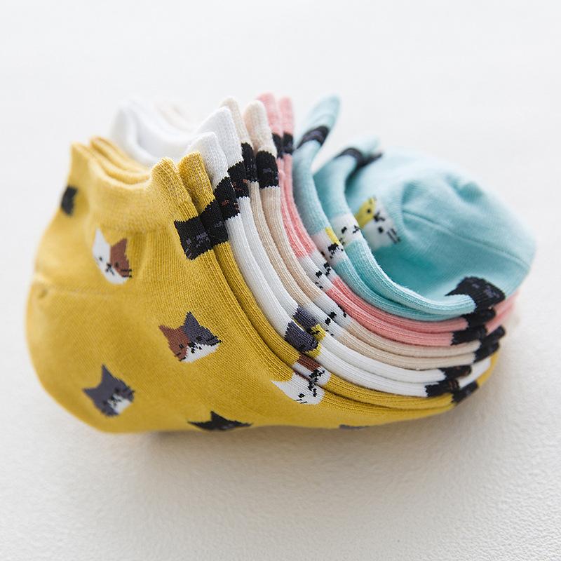 5 Pairs/Set Women's Cat Pattern Cartoon Cute Ankle Socks Breathable Comfty Short Cotton Socks Spring Summer