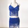 Belly Dancer Outfit Sequin Tassel Bra Top with Fringe Hip Scarf Set Sparkling Rave Party Costume for Women Girls