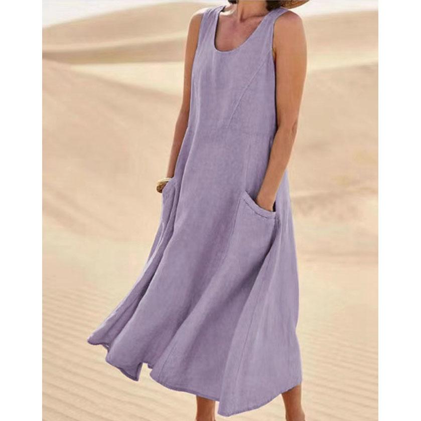 Women Coton Linen Sundress Summer Female Sleeveless Double Big Pocket Loose Sand Beachwear Long Dress Oversized S-5XL LRFZ-818