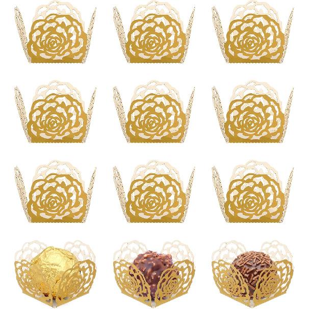 50pcs Hollow Rose Lace Paper Truffle Cups, Gold Cupcake Liners for Brigadeiro, Chocolate and Mini Candy, Ideal for Wedding, Party Dessert Table
