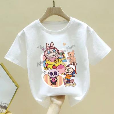 Fashion Labubu White Children's T-shirt Cute Cartoon Girl Round Neck Short Sleeved Clothes New Comfortable Loose Children's Top