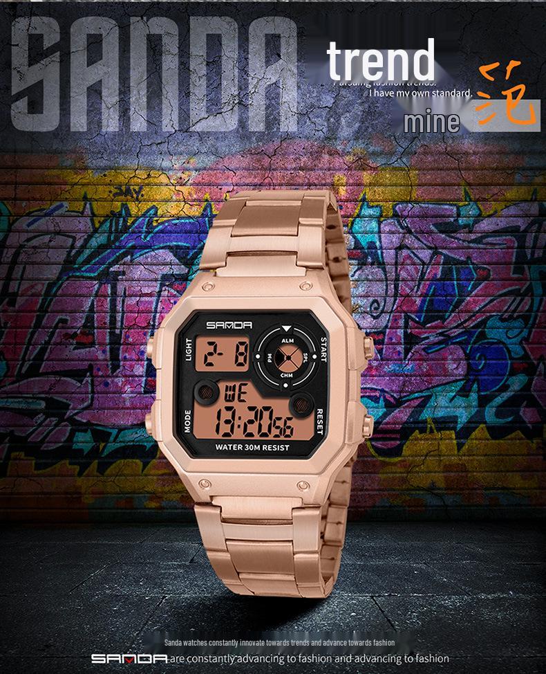 Sanda Men's Waterproof Multifunctional Digital Watch - Small Square, Steel Band