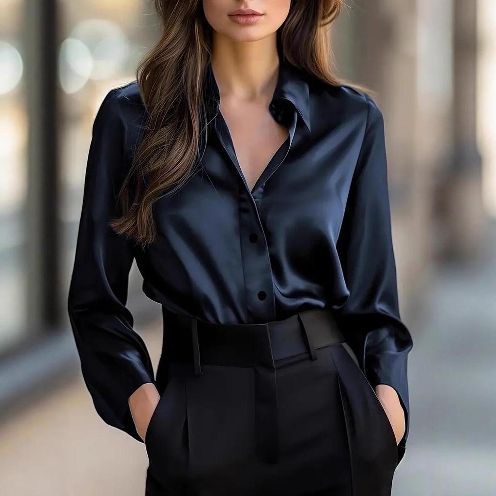 Cross2026 Women's Satin Long Sleeve Shirt - Autumn Fashion, Single Breasted Lapel, Plain Color for a Sophisticated Look