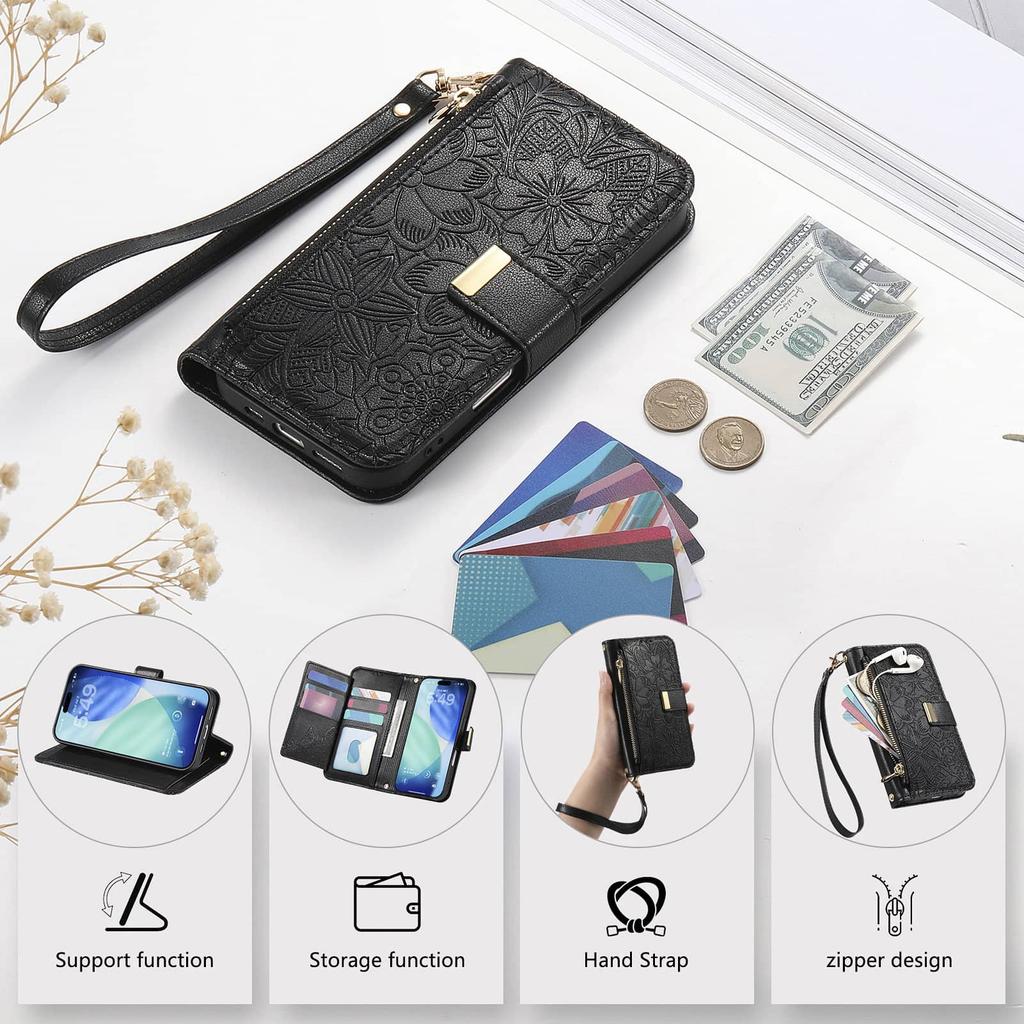 Wallet Case for iPhone 17/16e/16 Plus/15/14/13/12 Pro Max Lanyard Zipper Dual Card Holder Flip Stand Magnetic Buckle Cover