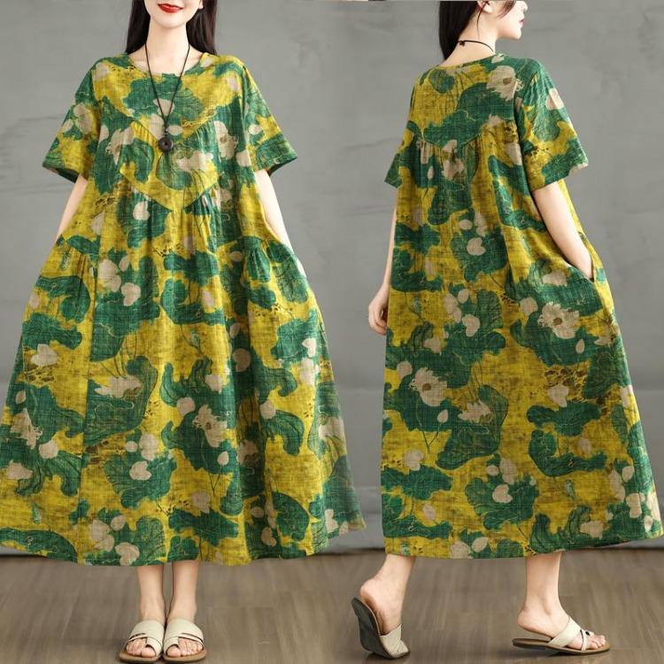 Summer Floral Maxi Dress Women Plus Size Vintage Linen Loose Elegant Basic Casual Dress New