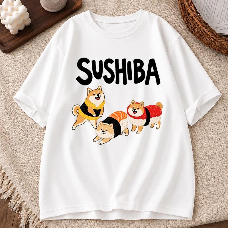 Unisex Sushiba Cute Sushi Shiba Inu Cartoon Print Short Sleeve T Shirt Fun Dog Food Pun Design Casual Streetwear Daily Basic Top
