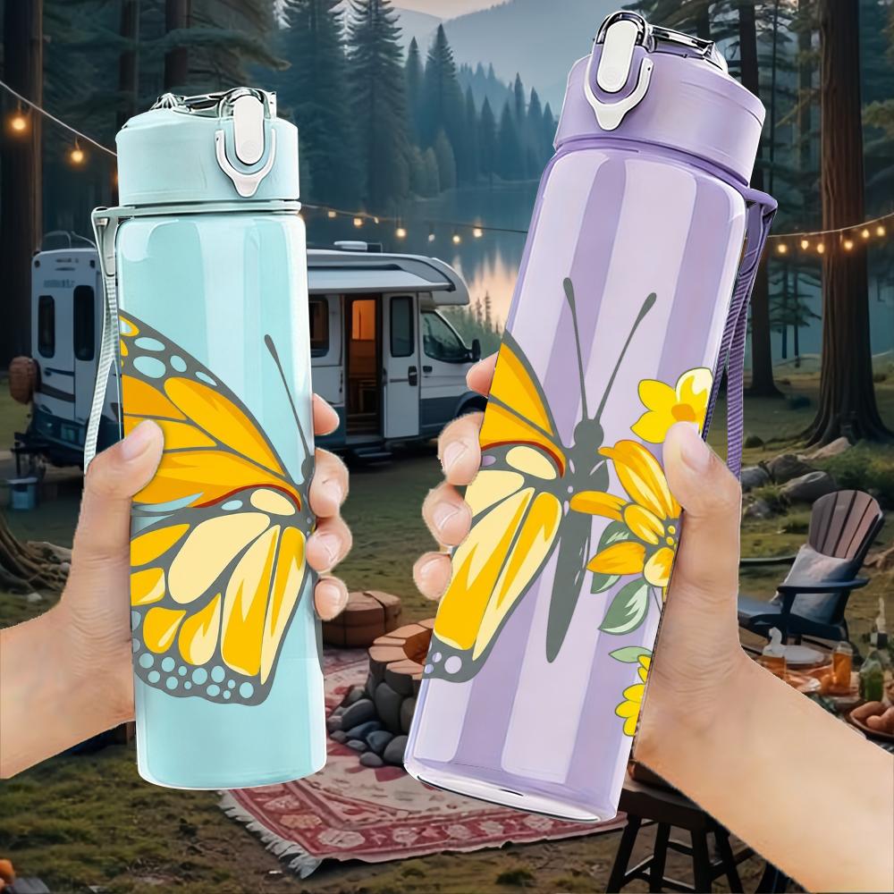 1PC Yellow Butterfly Daisy Floral 750ml Color Plastic Sports Water Bottle Leakproof Flip Straw Lid Suitable for Sports Office Home Use