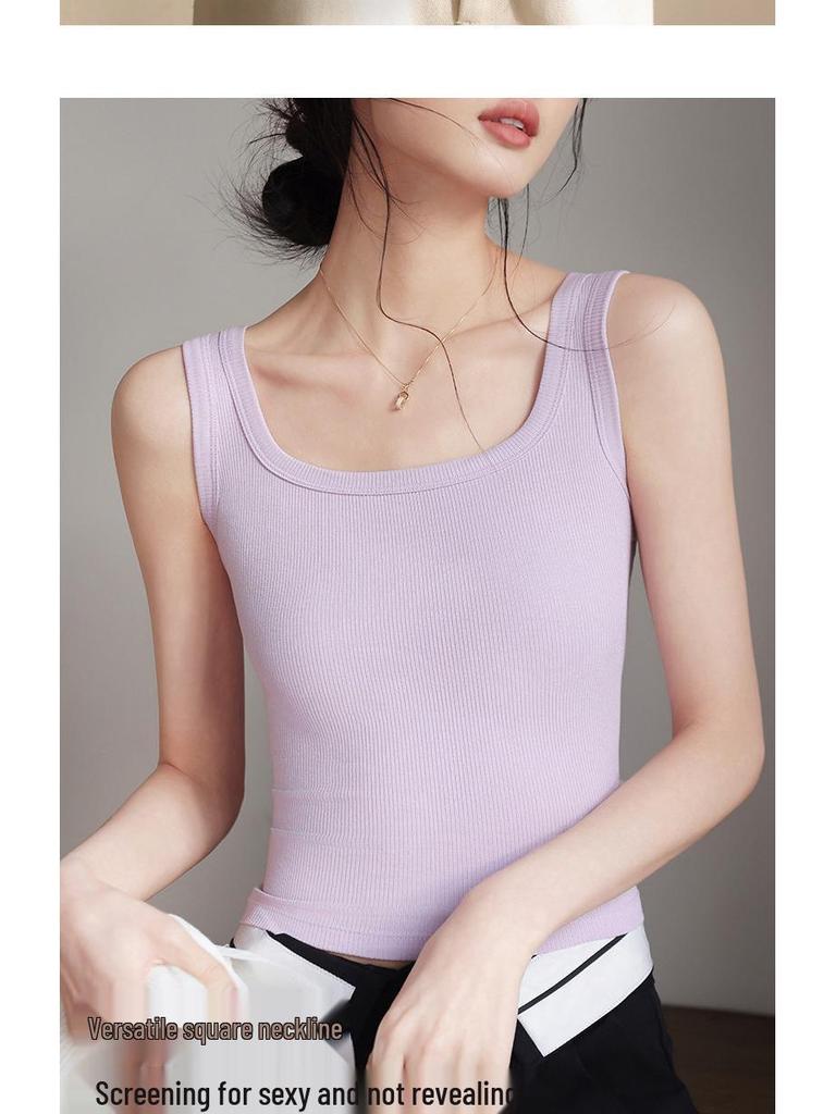Damen Quadratischer Halsausschnitt Träger Tanktop, 2026 Sommer Stil, Anti-Exposure, Innenschicht, Dünn Weiß Ärmellos, Schönes Rückendesign