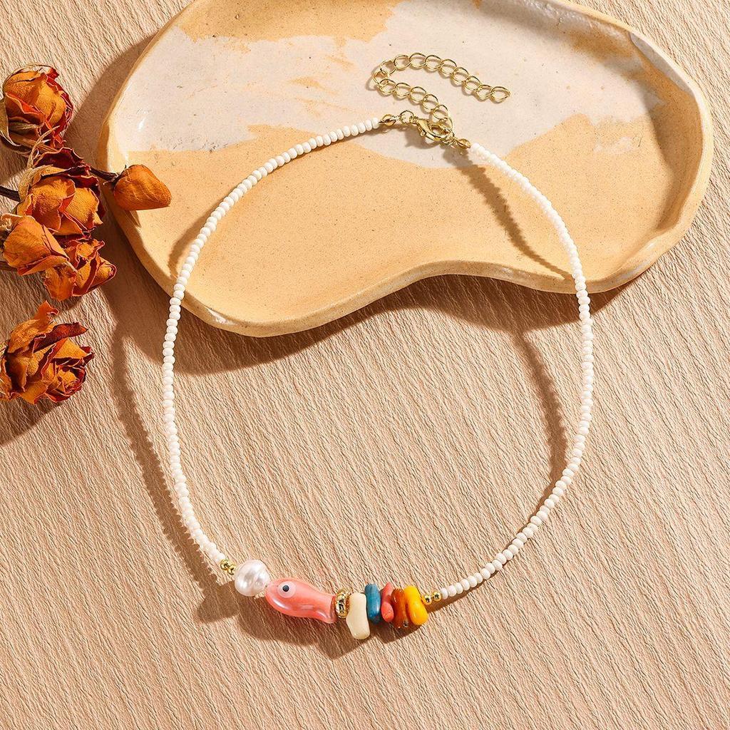 Color Blocked Bead Collarbone Chain Ocean Design Ceramic Necklace Small Fish Bohemian Necklace for Women