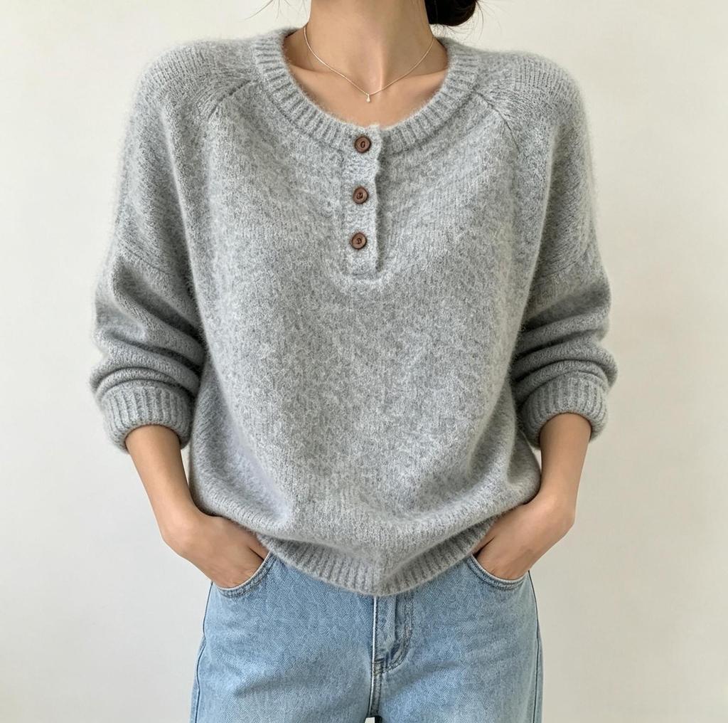 V-neck Solid Color Button Sweater for Women - 2026 Autumn/Winter Loose Knit Casual Pullover.