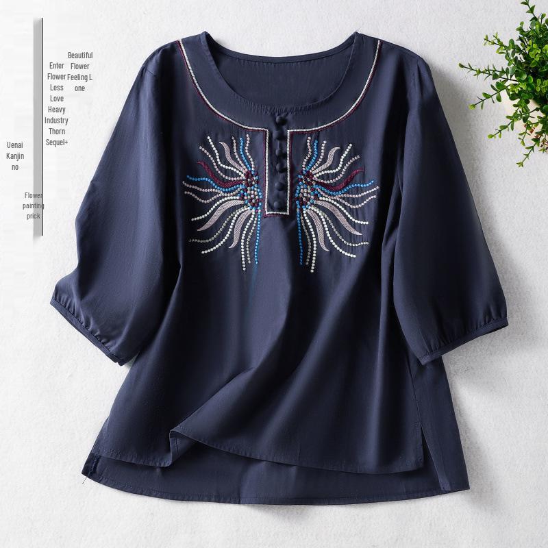 

2025 Women s Summer Retro Embroidered Ramie Shirt with Floral Design, Round Neck, Solid Color, Buttoned Mid-Sleeves. Extra Large