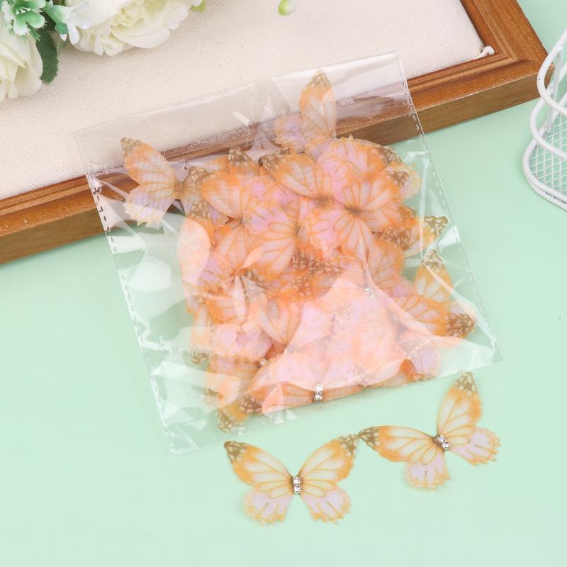 50Pcs 3D Organza Fabric Butterfly Appliques Gradient Color Double-Layer Simulation Mesh Butterfly Patch Translucent