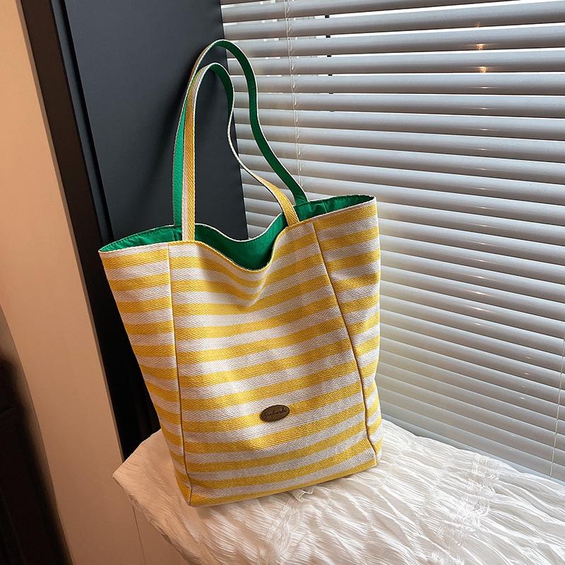 Double-sided Striped Canvas Bag for Women's Foreign Trade Korean New Lazy Style Shoulder Bag Large Capacity Commuting Toy Bag