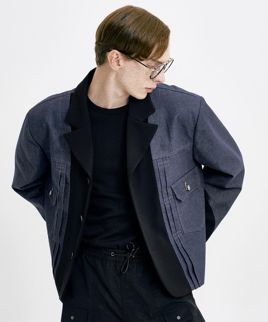 WUNDER GEIST Non-Faded Denim Contrast 3-Button Oversized Cropped Blazer