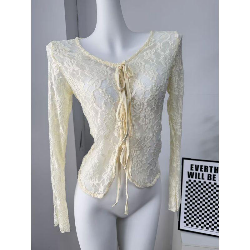 

Модный стиль Новинка Сексуальная прозрачная кружевная рубашка на шнуровке Топы с длинными рукавами Кружевная рубашка с длинными рукавами Beige M