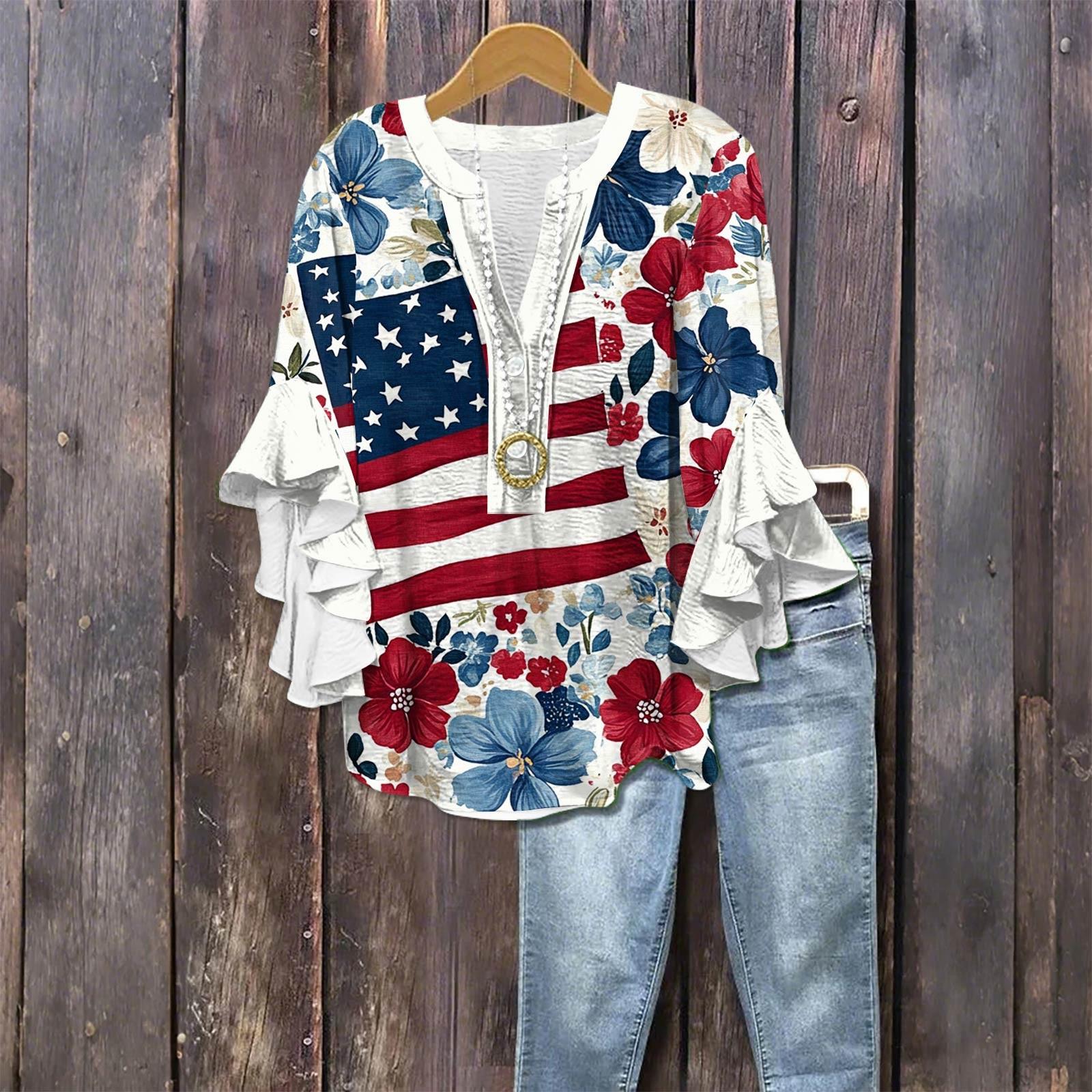 

Женская модная повседневная рубашка на пуговицах с V-образным вырезом и рукавом три четверти с принтом ко Дню Независимости XL красный