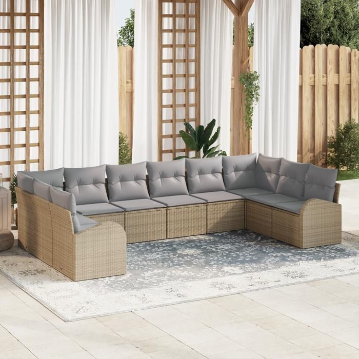 Ensemble de canapé de jardin 10 pièces avec coussins beige poly rattan, Canapé de jardin 2 places avec rangement et coussins 3354889