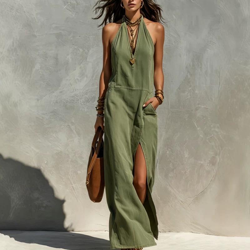New European and American V-neck split-ended dress for women's summer solid color thin holiday long dress sleeveless neck shirt skirt
