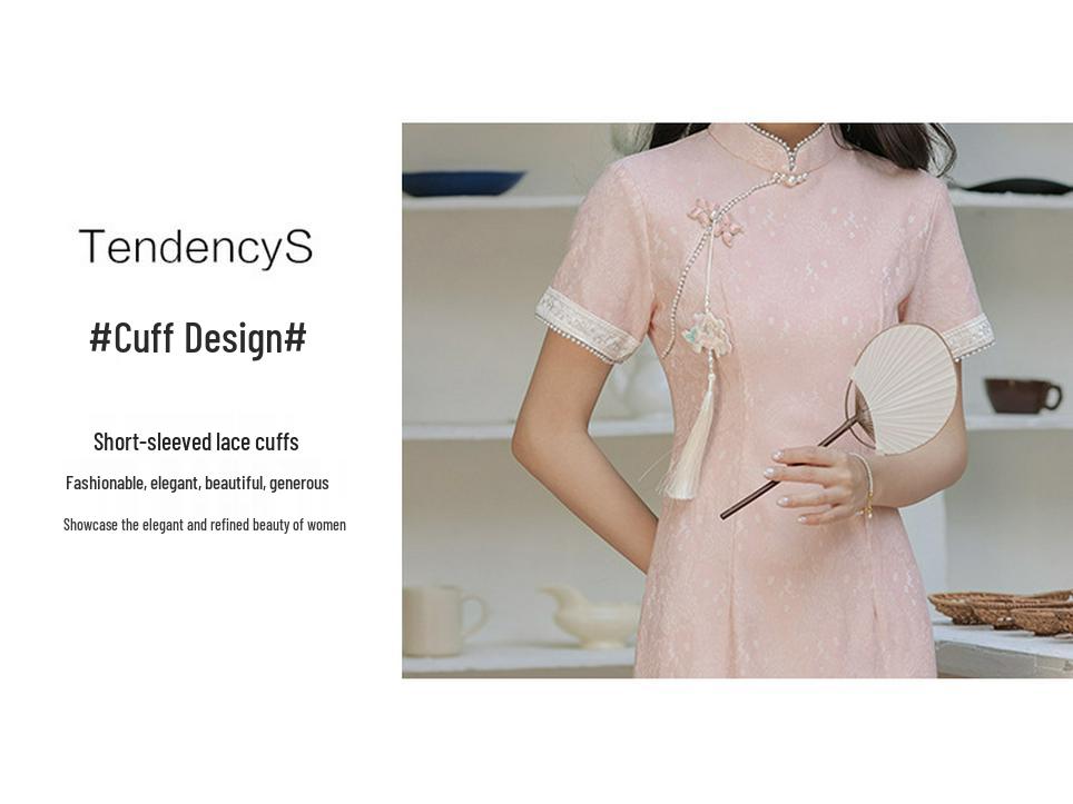 Pink Beaded Embroidered Slim-Fit Cheongsam with Press-Stud Closure