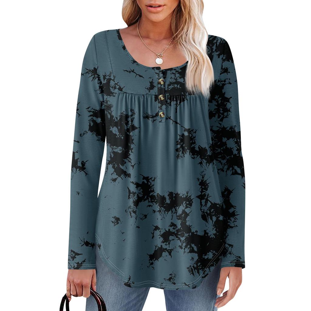 Dame Langermet Tunika Løse Topper Casual Oversized Topper Plissert Tunika Knapper Ned Casual Dame Print Topper