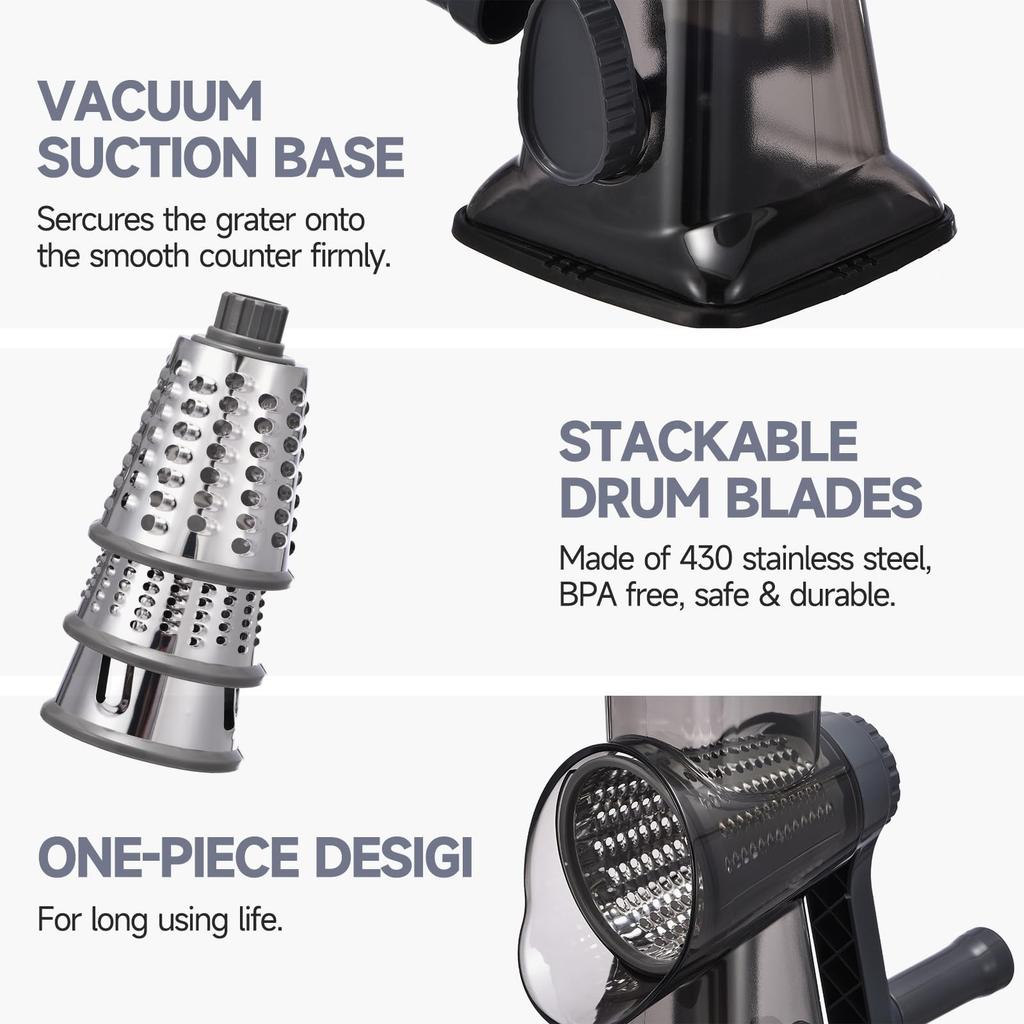 Feliator Manual Rotary Grater LYCENXI, 3 In 1, 3 Interchangeable Blades, for Cheese, Vegetables, Fruits Kitchen Shredder